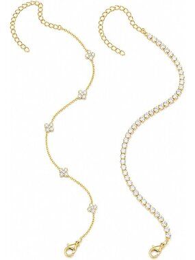 Dainty 14K Gold Plated Clover Anklet, CZ Floral Layered Ankle Bracelet, Beach